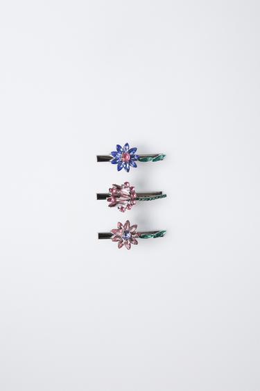 PACK OF THREE FLOWER HAIR CLIPS - Silver by Zara