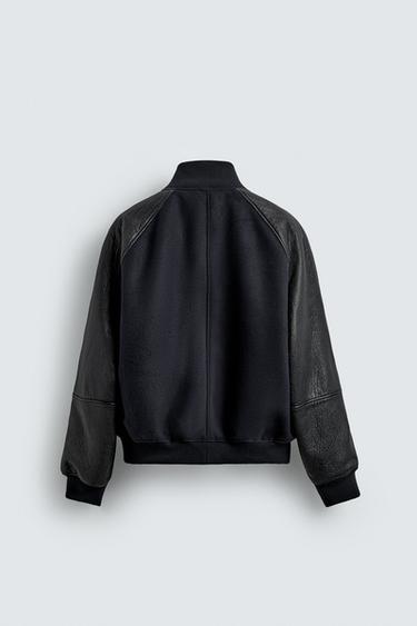 Zara LEATHER COMBINATION BOMBER JACKET LIMITED EDITION - Dark navy