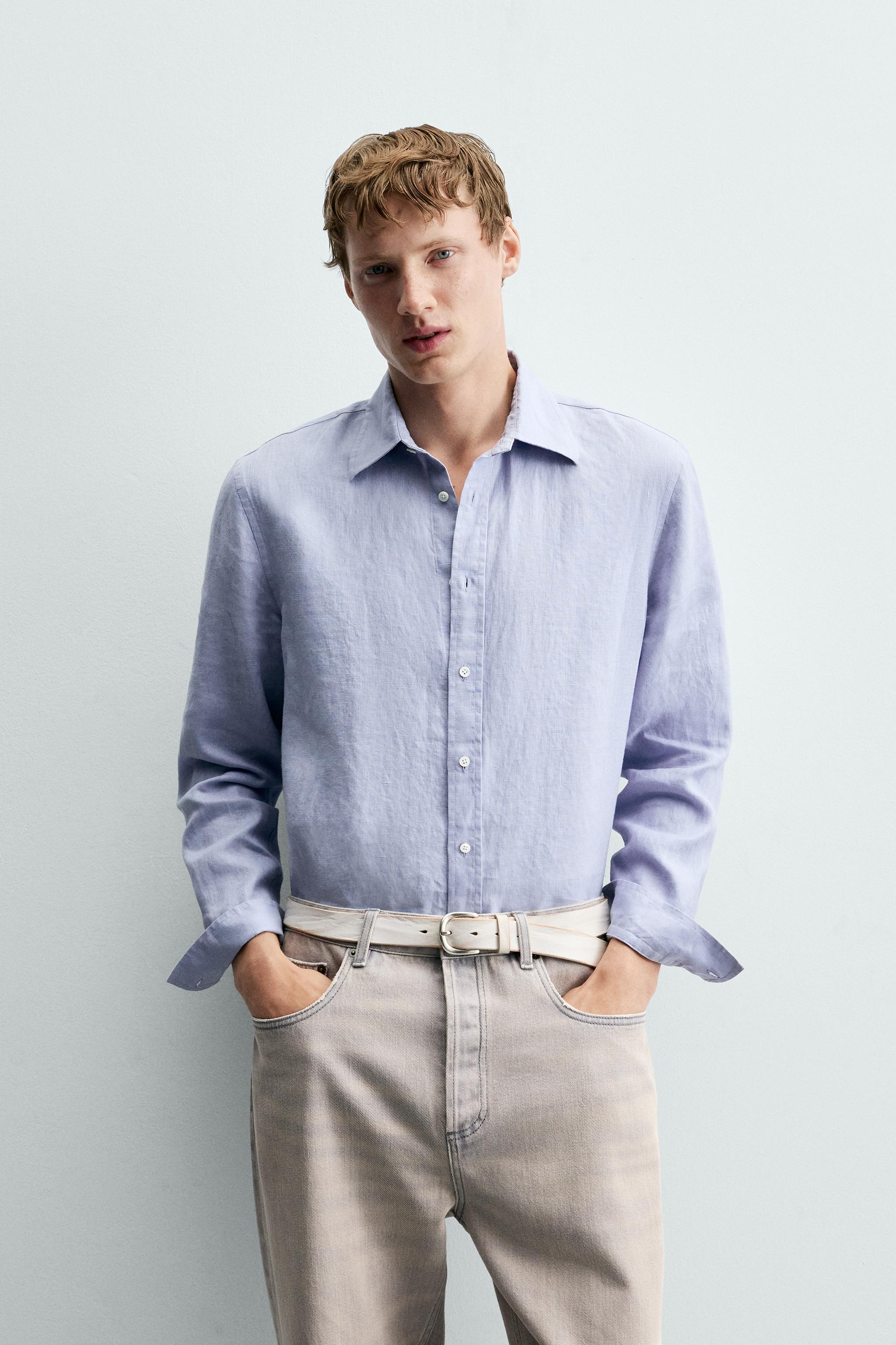 100% LINEN REGULAR FIT SHIRT — Blue / Lavender