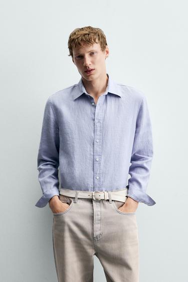 100% LINEN REGULAR FIT SHIRT - Blue / Lavender by Zara