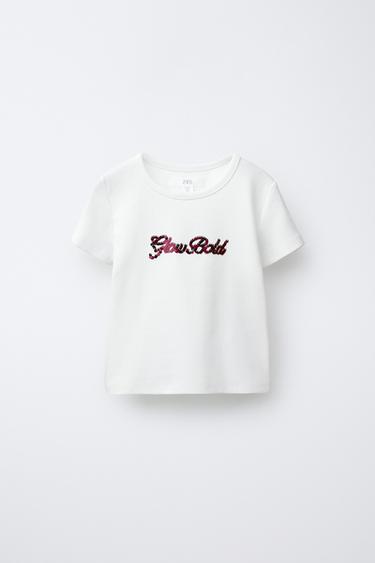 CAMISETA TEXTO LENTEJUELAS - Blanco de Zara