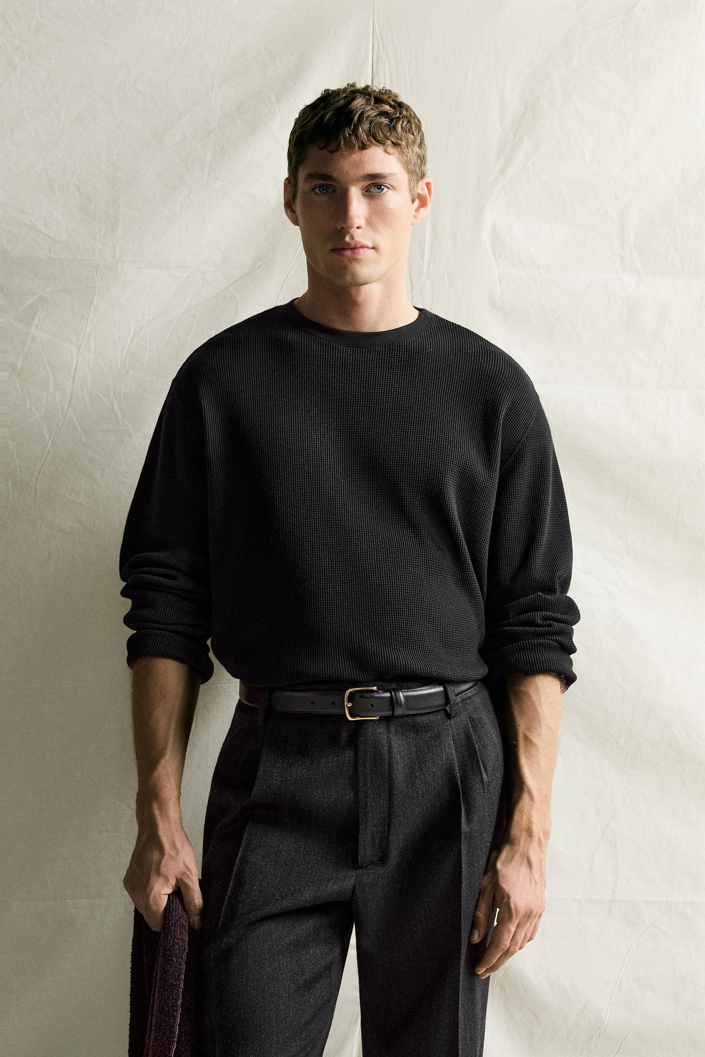 Мужская футболка Zara Waffle-Textured, цвет: Чёрный — фото 2