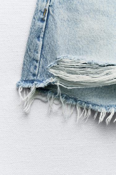 Zara HIGH WAIST RIPPED TRF DENIM SHORTS - Light blue