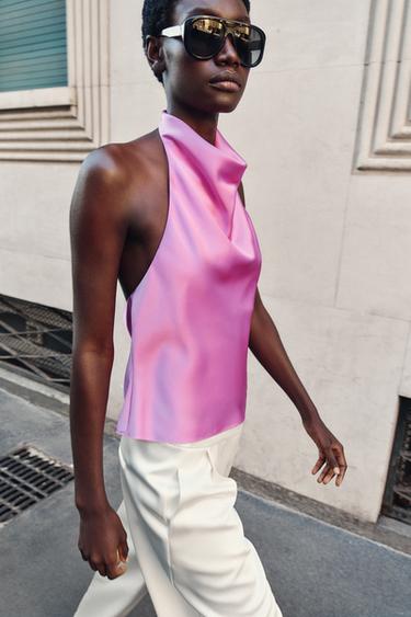 SATIN HALTER TOP - Pink / Lilac by Zara