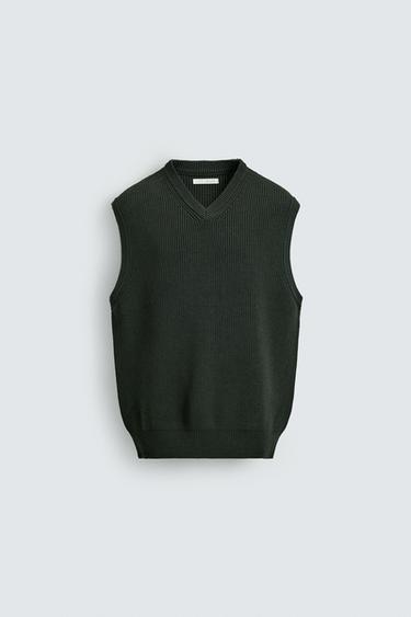 Zara PURL KNIT VEST - Dark green - Image 0