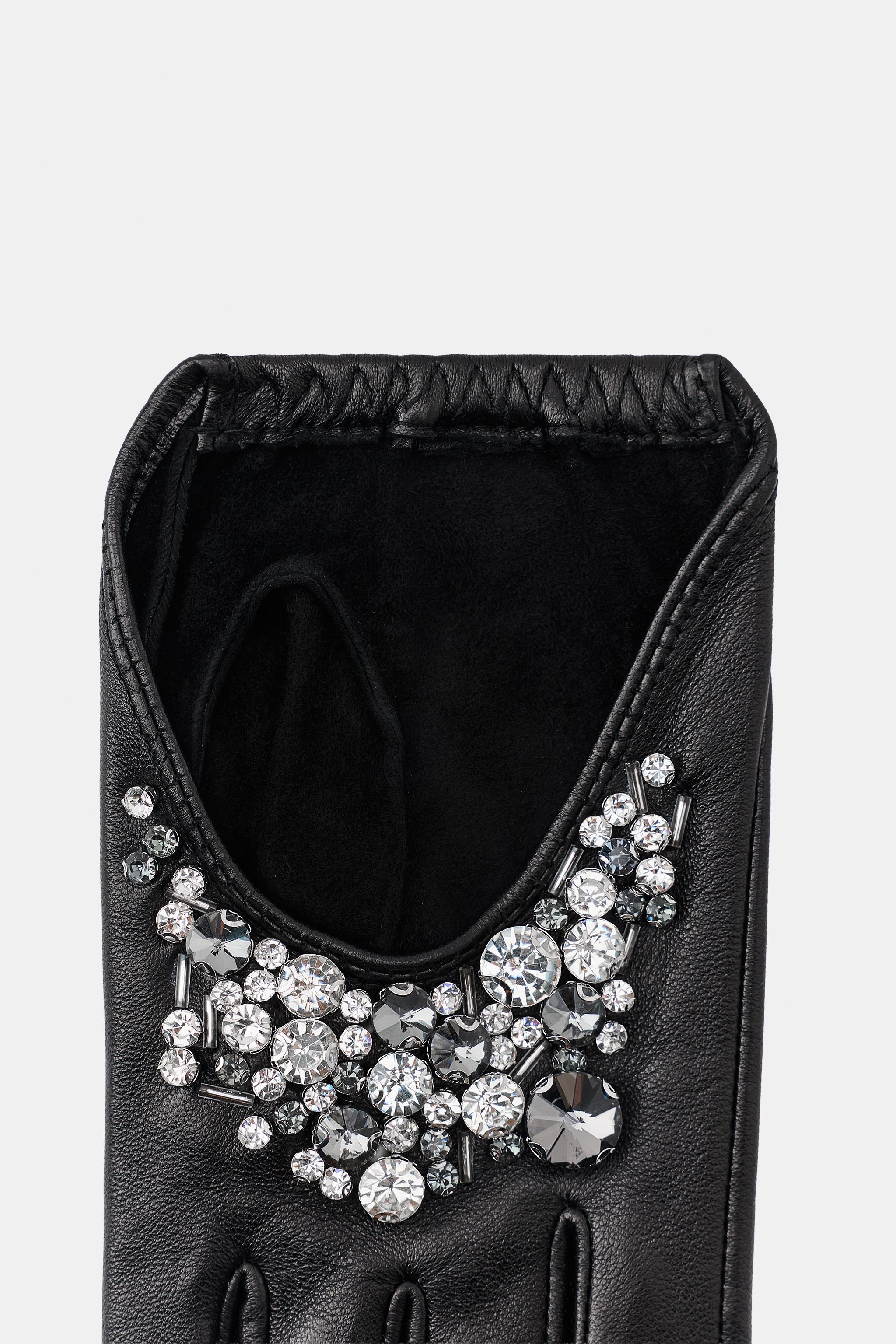 100% LEATHER SHORT MITTENS WITH GEMS