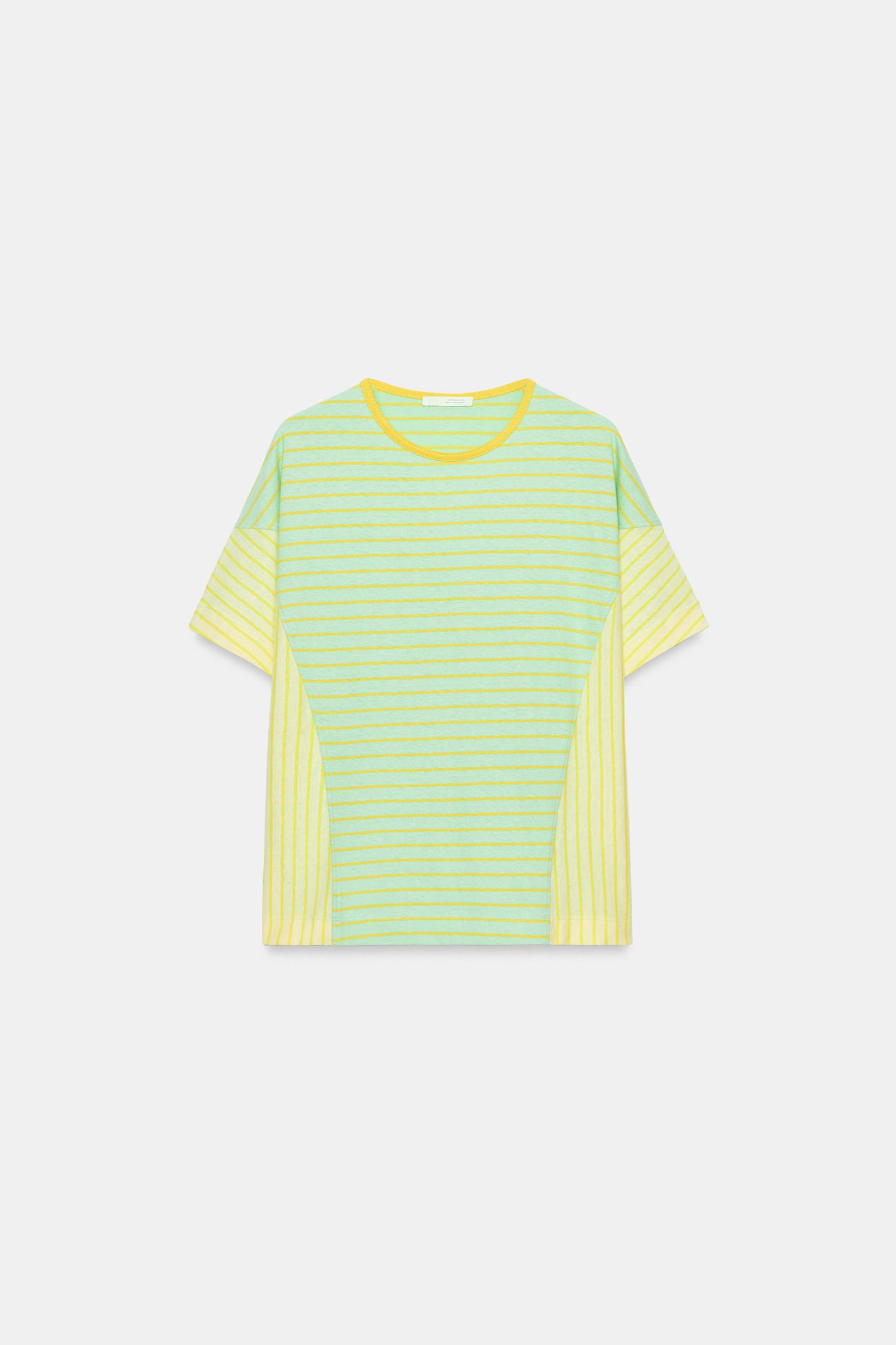 Женская футболка Zara Striped Cotton and Linen, цвет: Потёртый зелёный — фото 5