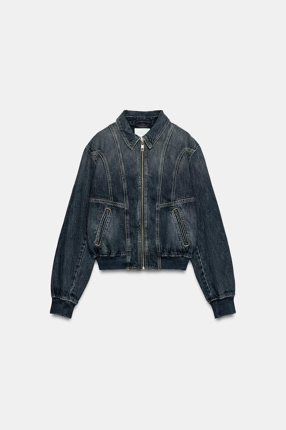 CURVED DENIM-EFFECT BOMBER JACKET - Navy blue by Zara - Image 0