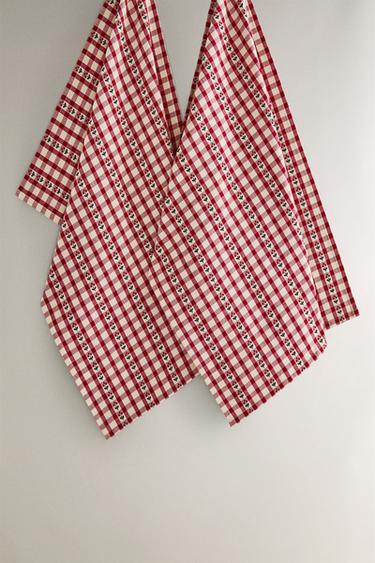 Zara PACK OF COTTON CHRISTMAS CHECK TEA TOWELS (PACK OF 2) - 紅色