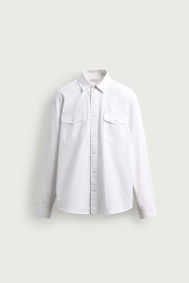 CAMISA DE ALGODÃO E LYOCELL COM BOLSOS - Branco da Zara