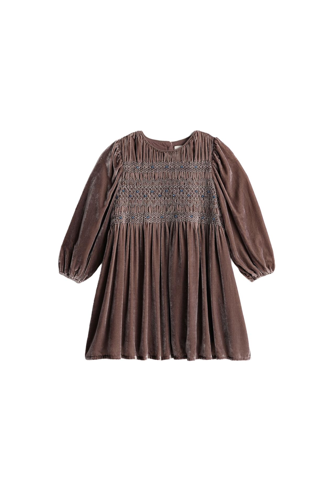 LIMITED EDITION EMBROIDERED SMOCKED VELVET DRESS