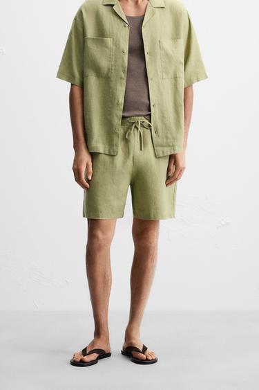 Zara 100% LINEN SHORTS - Green