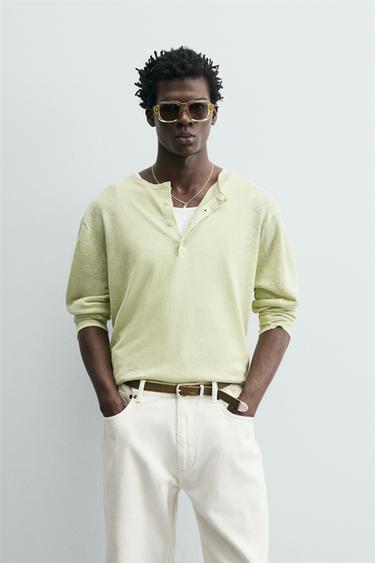 Zara 100% HEMP HENLEY JUMPER - Light green