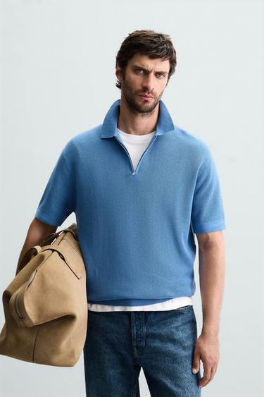 PURL KNIT POLO SHIRT WITH ZIP - Bluish by Zara