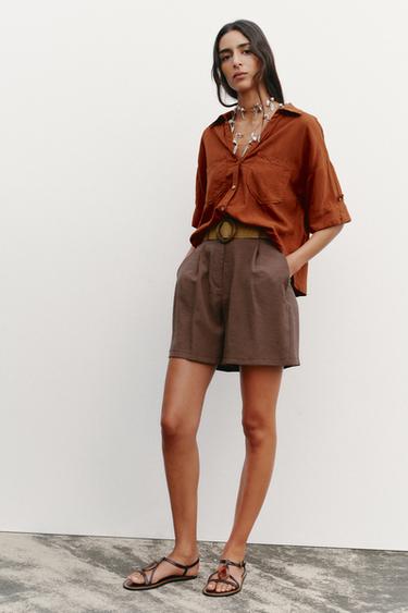 Zara PLEATED BELT SHORTS - Brown