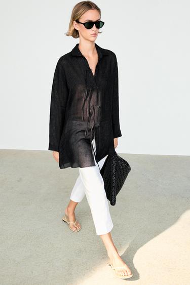 Chemisier rayé en lin mélangé à boutons - Noir de Zara