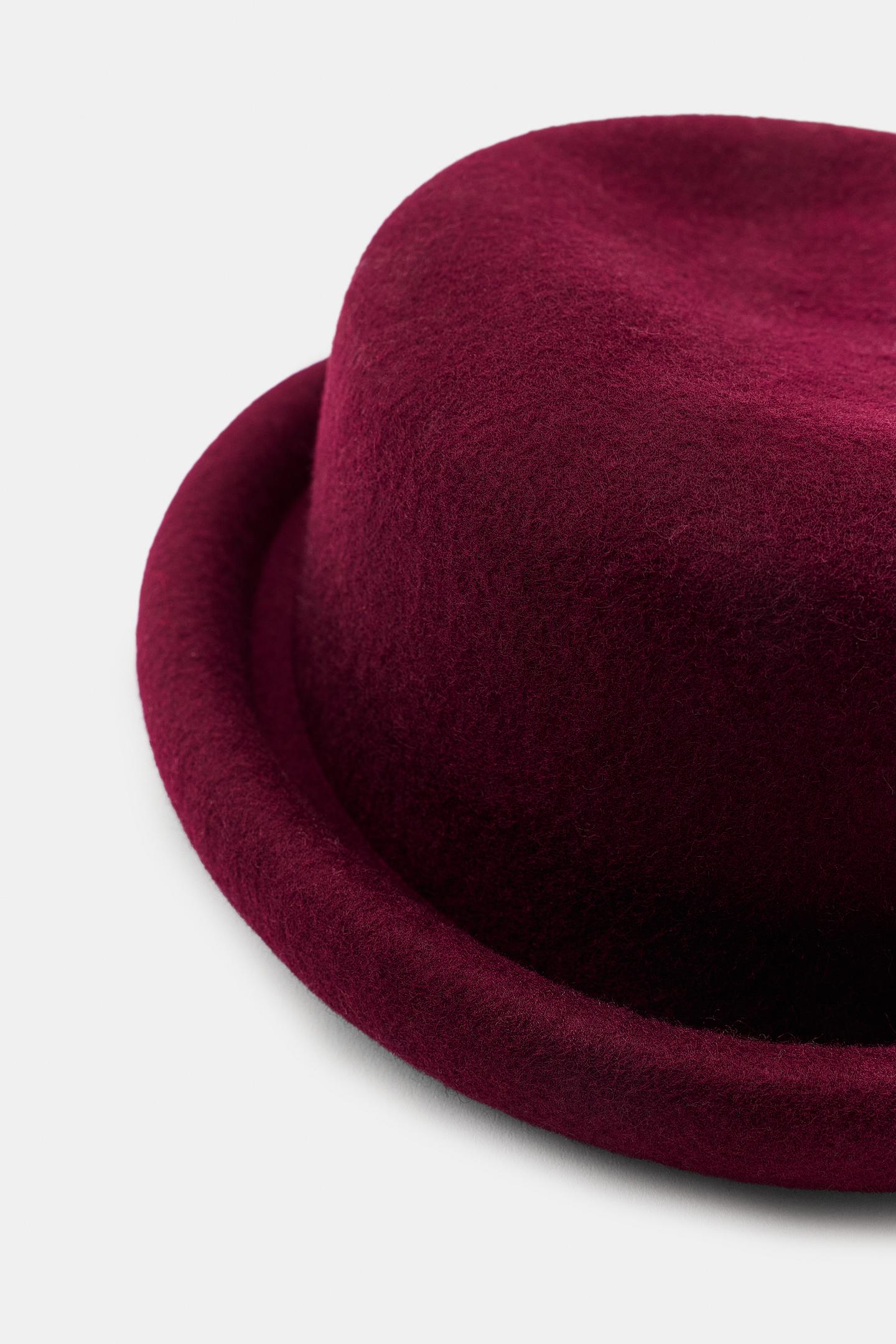 Женский головной убор Zara 100% Wool Bowler Hat, цвет: Тёмно-бордовый — фото 4