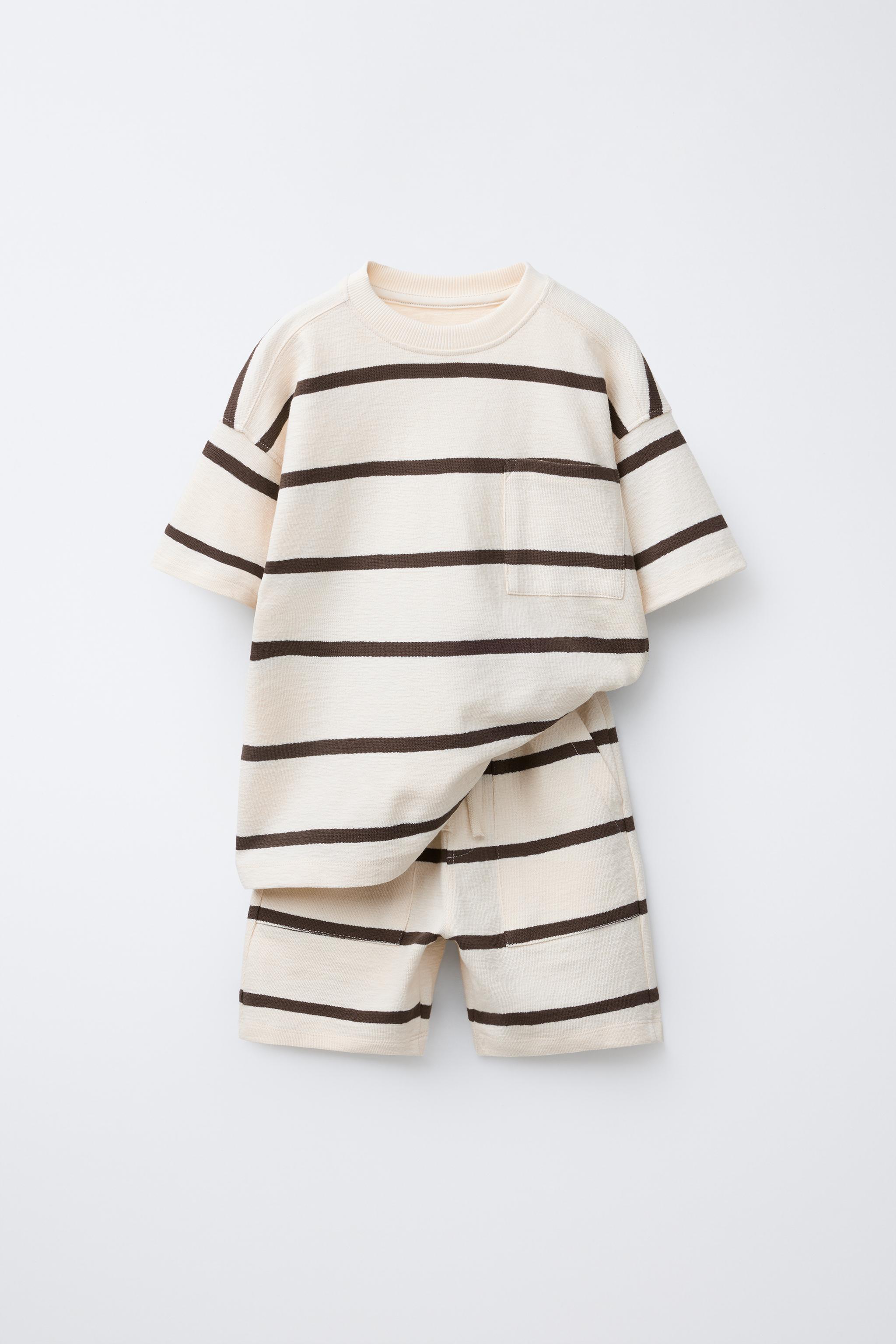 STRIPED T-SHIRT AND BERMUDA SET - Ecru / Brown | ZARA Canada