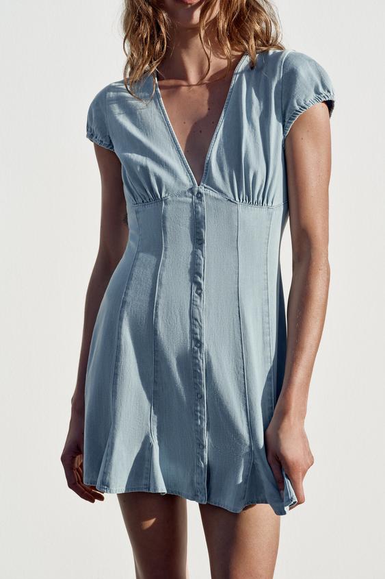 zara short sleeve denim dress Z1975 BELTED MINI DENIM DRESS - Blue