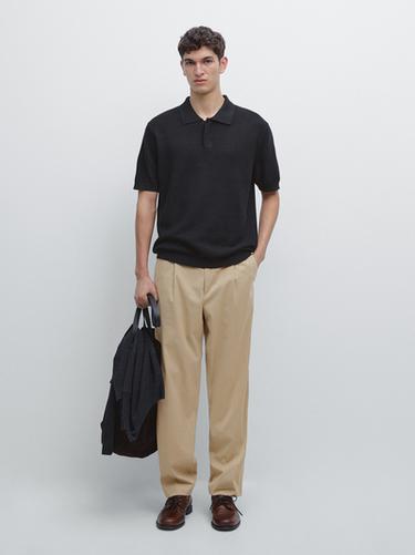 Zara Linen and cotton blend knit polo shirt with short sleeves - Navy blue