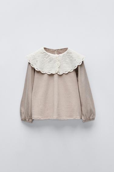 Zara EMBROIDERED COLLAR T-SHIRT - Stone