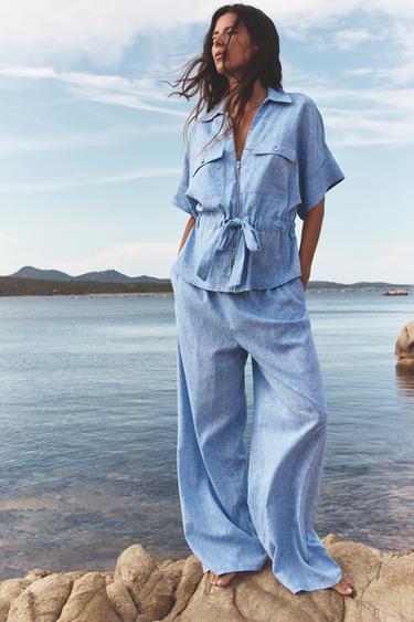 Zara LINEN SAFARI SHIRT - Blue - Image 0