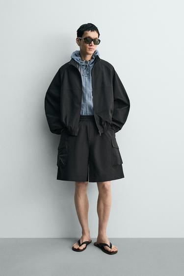 RELAXED FIT TEXTURED CARGO BERMUDA SHORTS - Black by Zara - Image 0