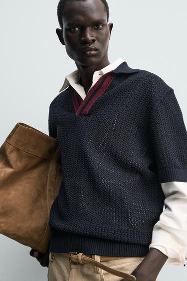 CONTRAST TEXTURED KNIT POLO SHIRT - Navy blue by Zara - Image 4