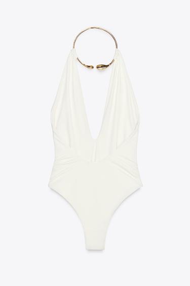 HALTER SWIMSUIT WITH METAL COLLAR - Ecru by Zara - Image 5