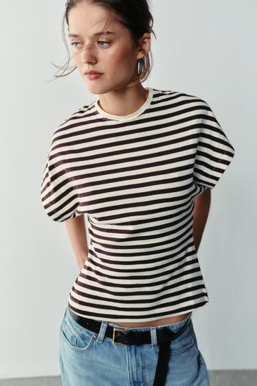 STRIPED WIDE SLEEVE T-SHIRT - Brown Stripes by Zara