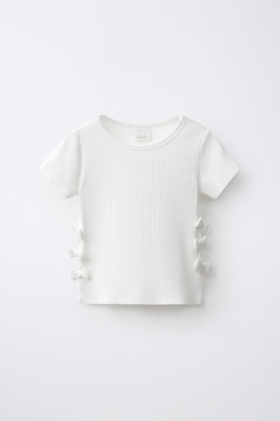 RIBBED BOW T-SHIRT - Oyster-white by Zara - Image 0