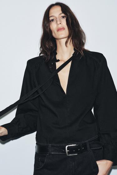 Zara ZW COLLECTION SHOULDER PAD DENIM SHIRT - Black