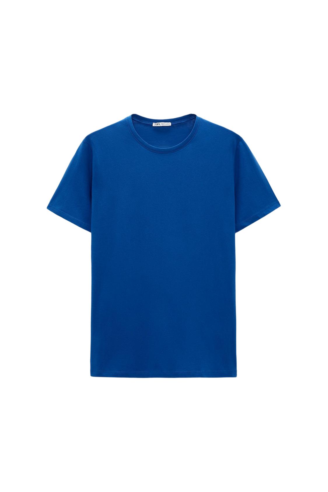 Short-sleeve crewneck T-shirt in solid blue on a white background.