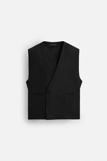 Zara 100% LINEN DOUBLE-BREASTED VEST - Black