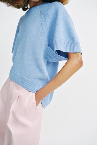 ROUNDED HEM SHORT SLEEVE KNIT JUMPER - Sky blue by Zara - Image 2