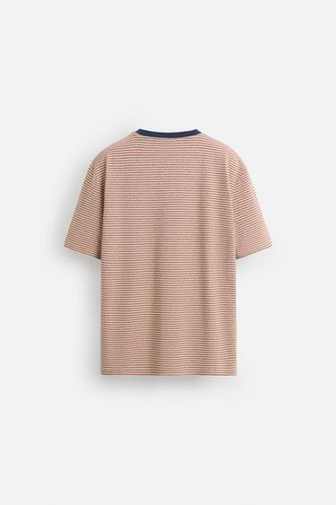 STRIPED T-SHIRT WITH CONTRAST RIB - Ecru / Red by Zara - Image 7