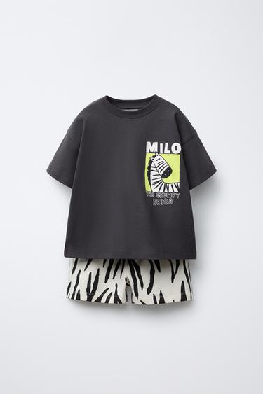 KOORDINERET JOGGINGSÆT MED BERMUDASHORTS OG T-SHIRT MED DYREPRINT - koksgrå fra Zara