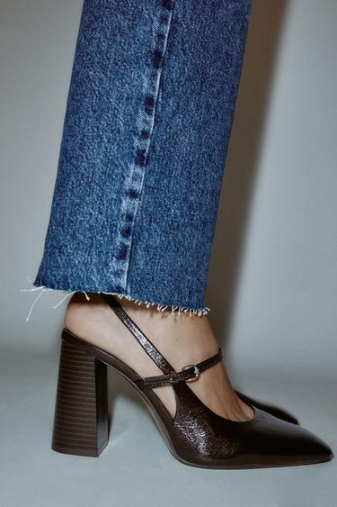 Zara PATENT FINISH MARY JANE HEELS - Brown - Image 0