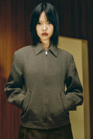 Zara 墊肩千鳥格飛行員外套 - 黑色 / 棕色