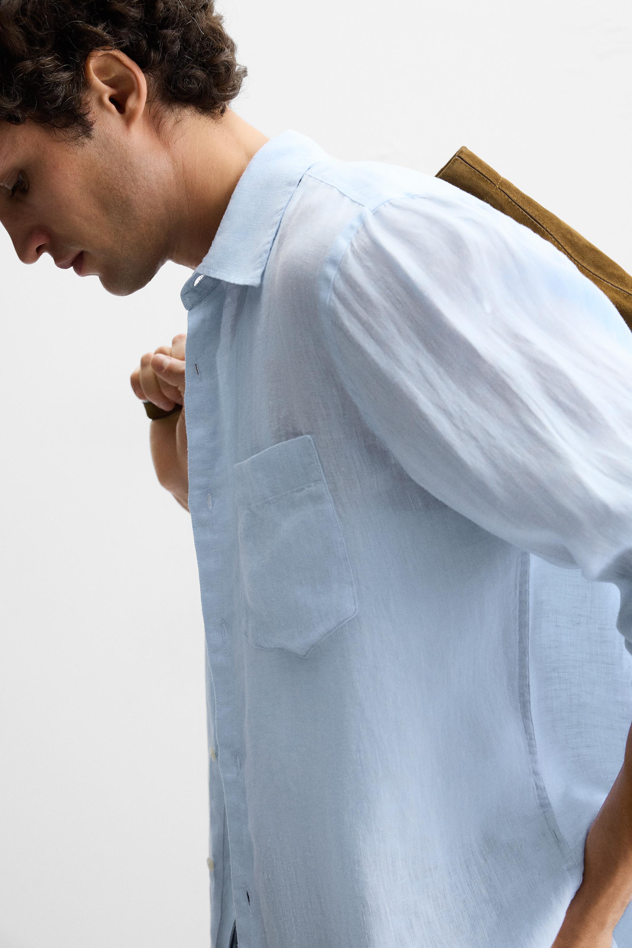 Chemise Homme Zara En Lin Rayé Bleu Et Blanc - Taille L - Parfait état