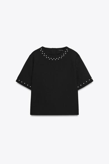 TOP WITH FAUX PEARLS - Black by Zara