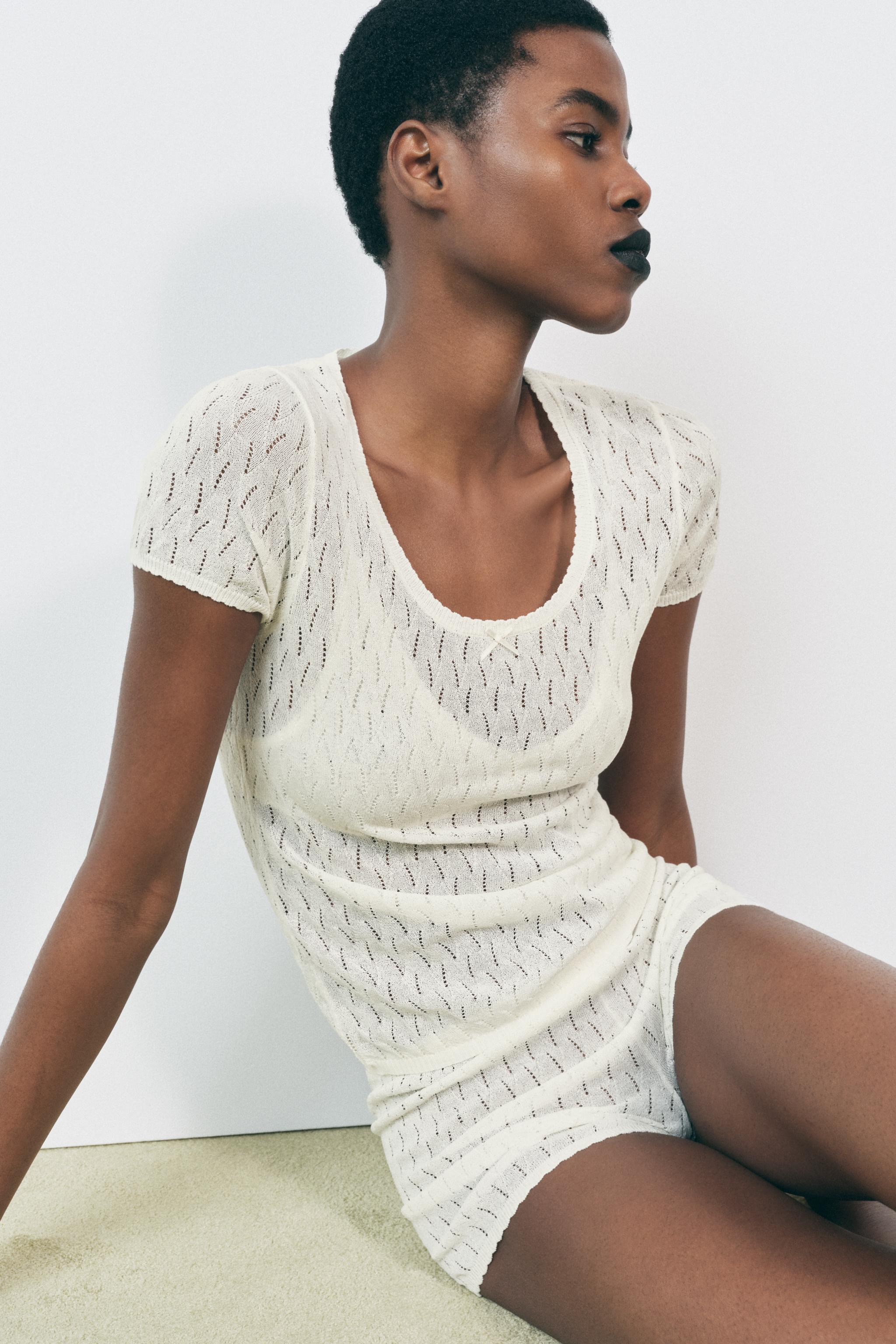 チャンキーニットリボンTシャツ - オフホワイト | ZARA Japan / 日本 チャンキーニットリボンTシャツ - オフホワイト | ZARA Japan / 日本