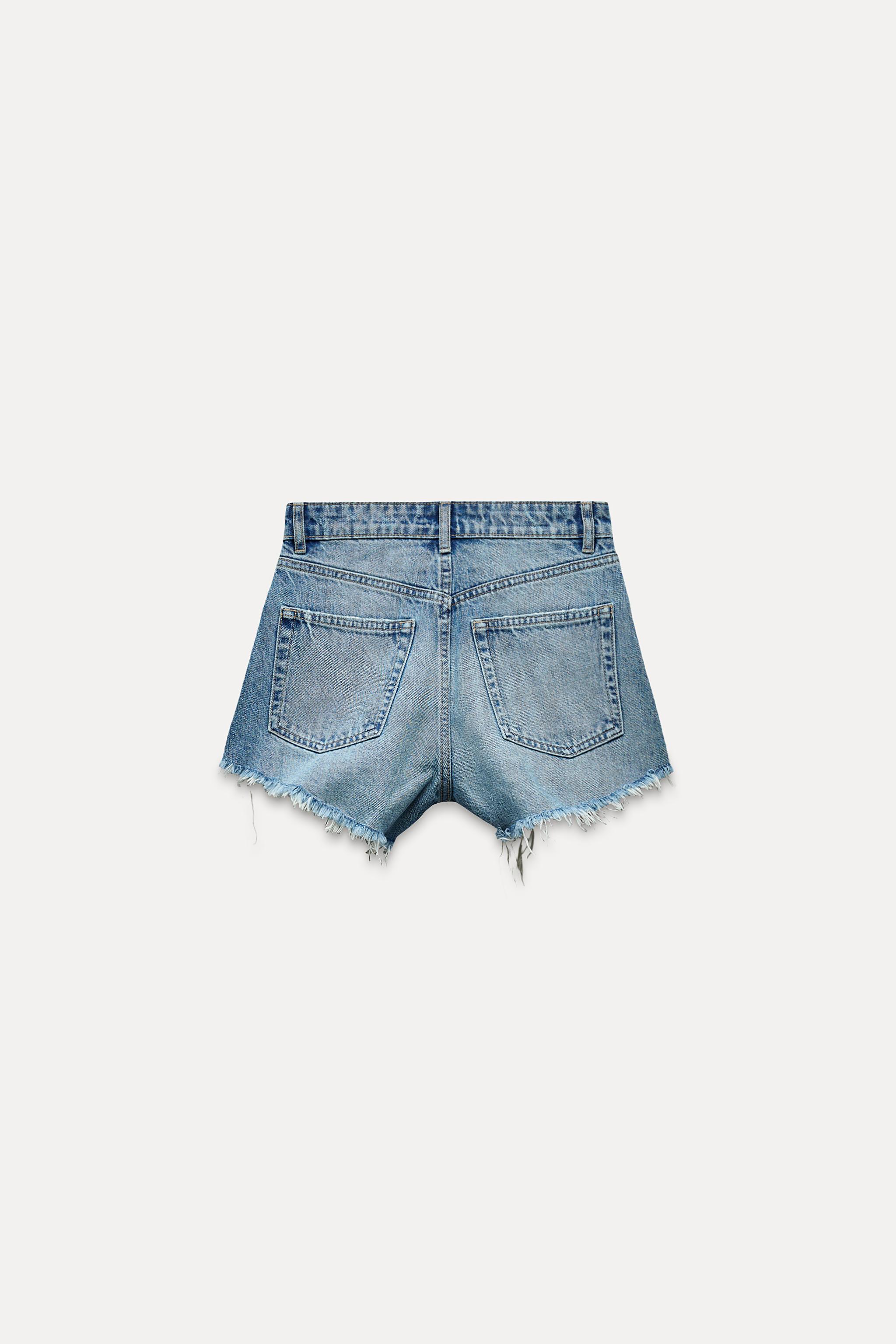 TRF HIGH WAIST RIPPED CURVED DENIM SHORTS Aquamarine ZARA United States