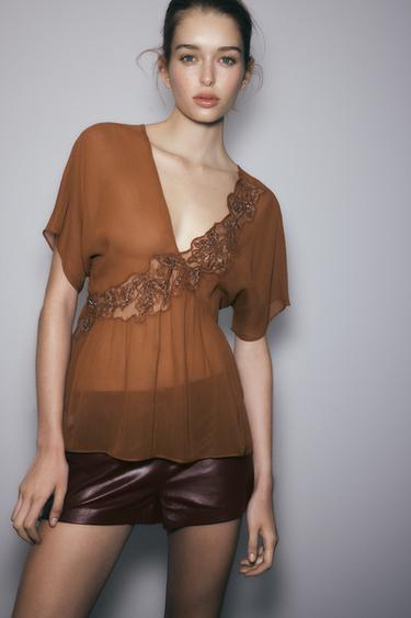ZW COLLECTION TOP WITH EMBROIDERY - Dark orange by Zara - Image 0