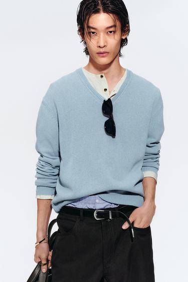Zara 棉麻V領針織衫 - 淡藍色