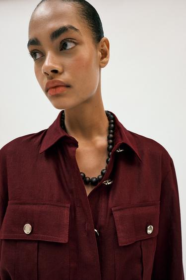 VESTE SAFARI EN LIN AVEC CEINTURE - Bordeaux de Zara - Image 4