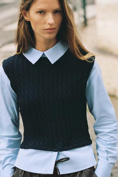 CAMISA COMBINADA POPELÍN - Marino de Zara