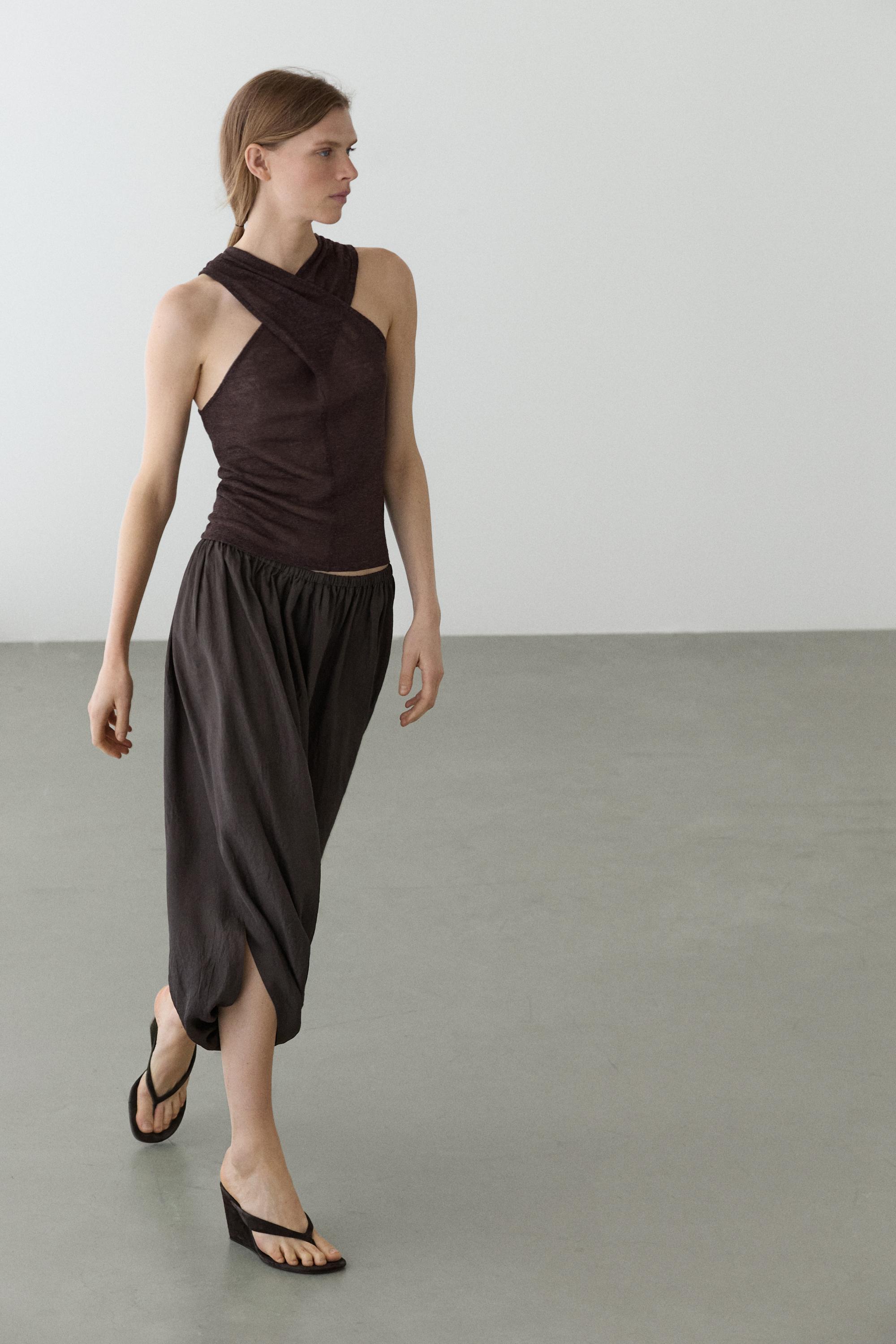 Linen blend top with surplice neckline