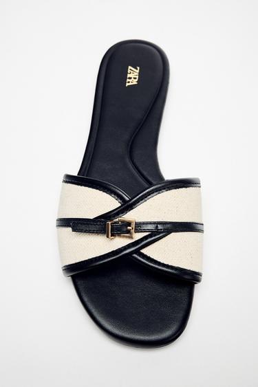 Zara FLAT WOVEN BUCKLE SANDALS - Black
