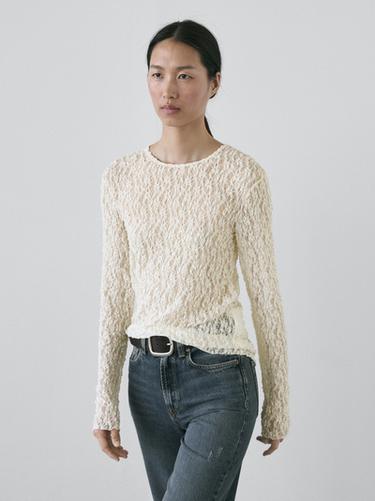 Zara Openwork knit top with long sleeves and lace - Ecru
